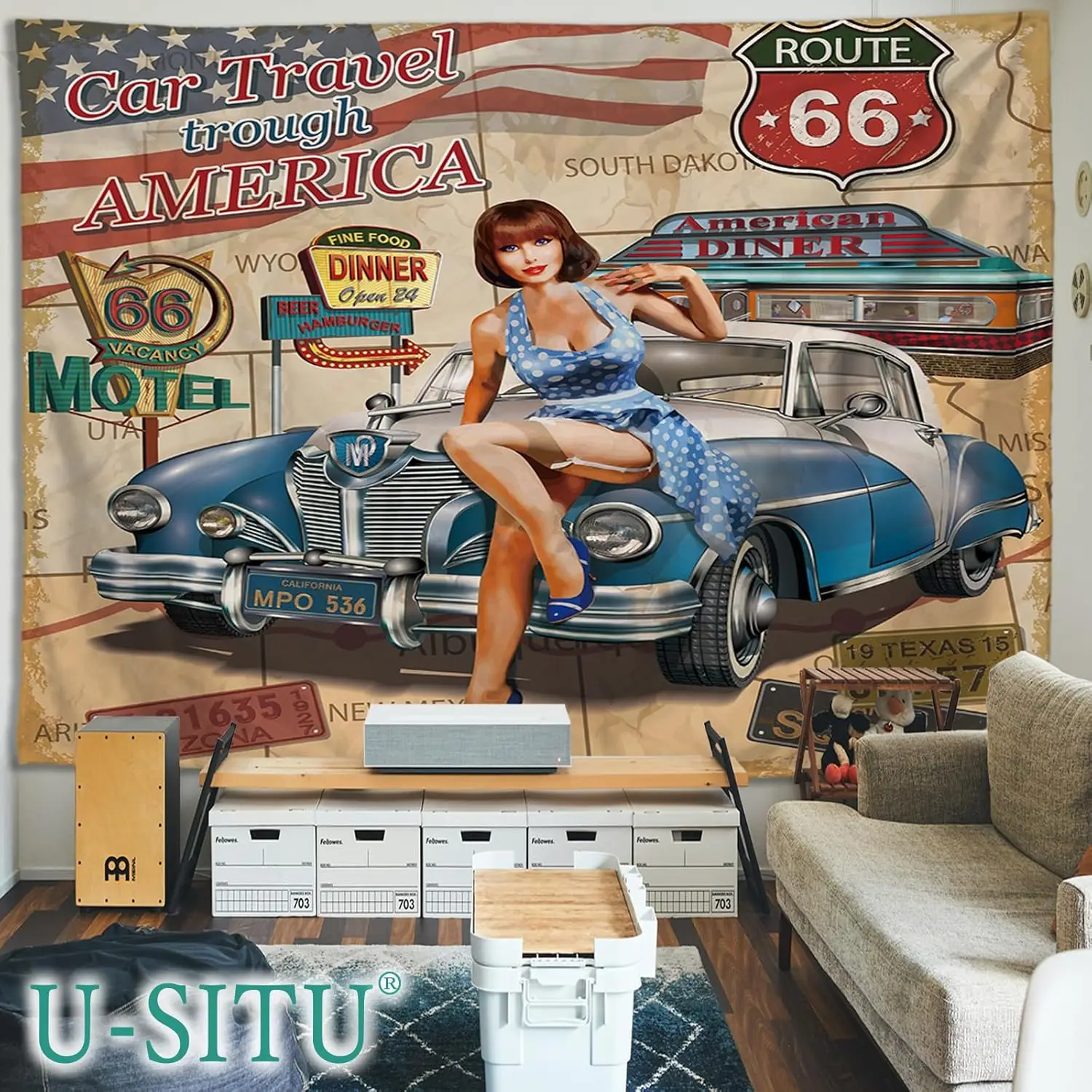 Route 66 Car Travel Tapestry - Vintage American Pin-up Girl Wall Art, Retro Diner Motel Decor, Living Room Bar, Multiple Sizes