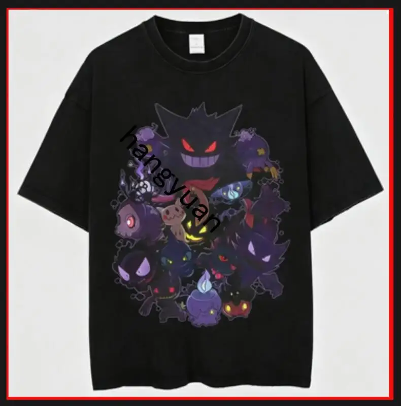 ゲンガーファミリー-ポケモンプリント-tシャツ-綿100-オーバーサイズ-クルーネック-カジュアル-ユニセックス-半袖tシャツ-ポケモンファンへのギフト