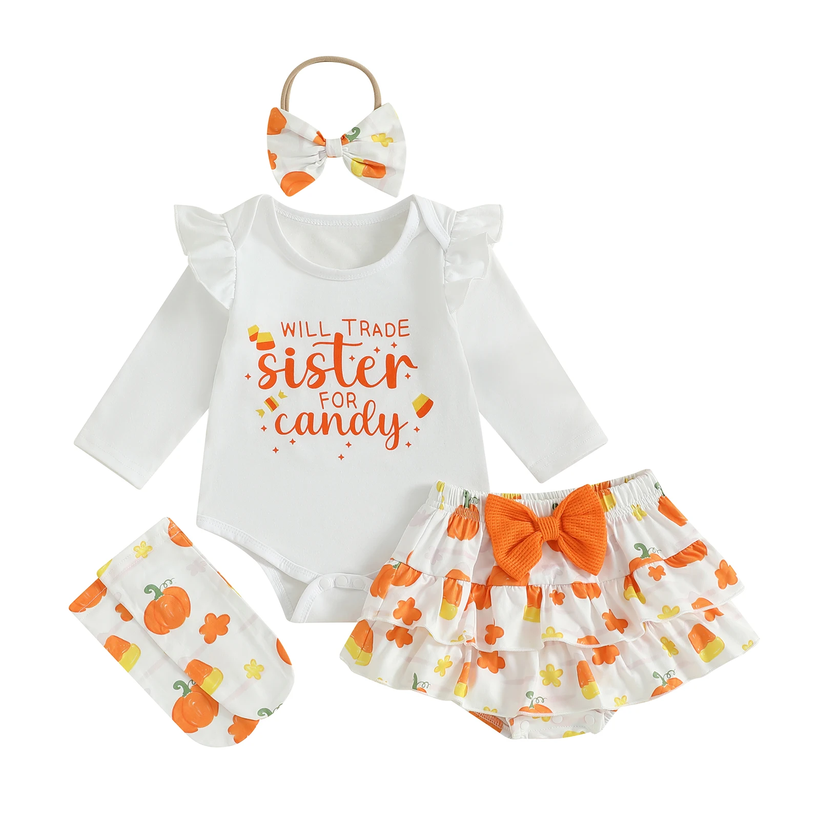 

Наряд на Хэллоуин для маленьких девочек, комбинезон с длинными рукавами и призраком тыквы, шорты с рюшами, чулки и повязка на голову с бантом, комплект из 4 предметов