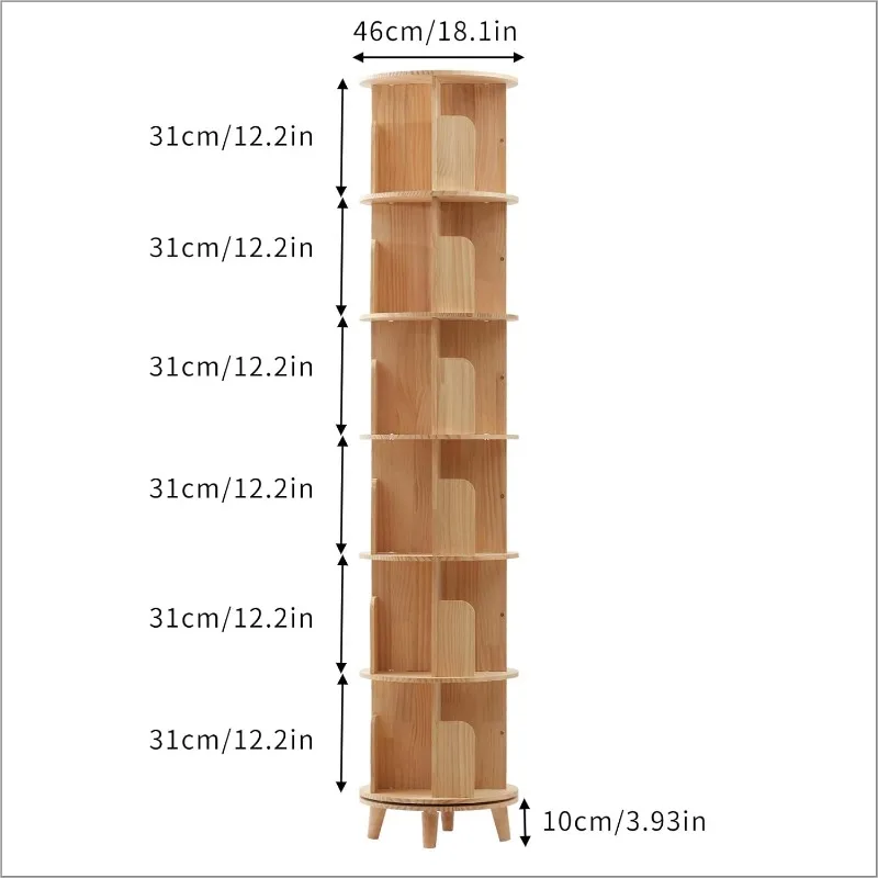 Rotating Bookshelf with Legs, Tall Tower Revolving Standing Book Shelf Wood Bookcase Round Bookshelf for Bedroom Living Room