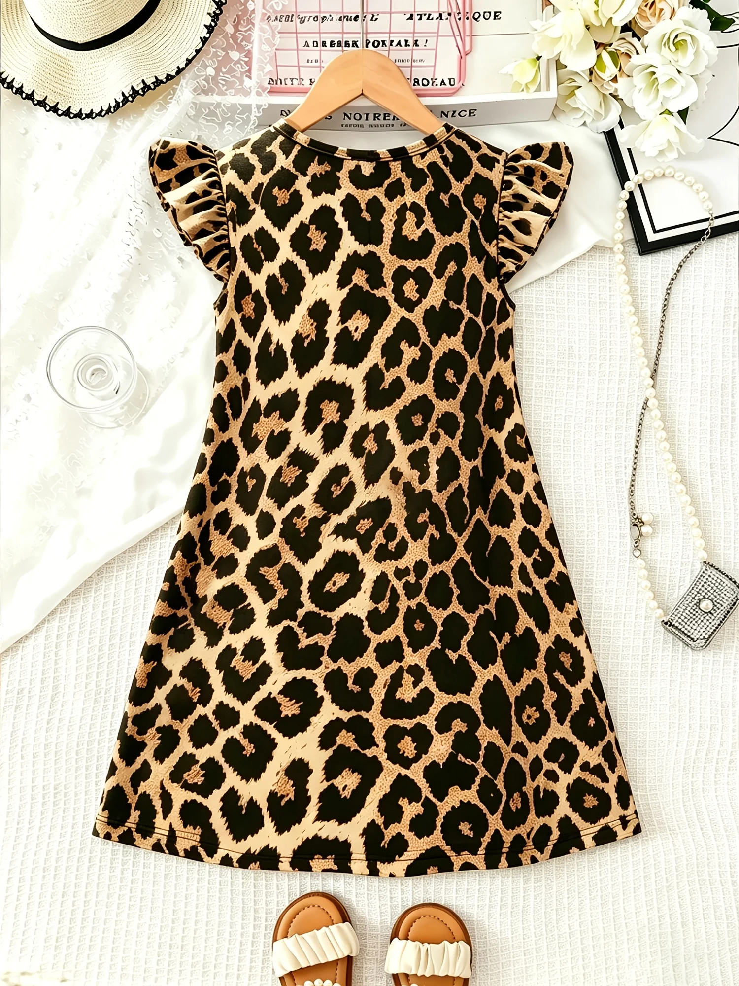 Girls' Casual Skirt, Leopard Print Flutter-Sleeve Dress for Summer, Suitable for Children Aged 4-12, Versatile Clothing for Daily Casual Wear, Shopping, Vacation, and School