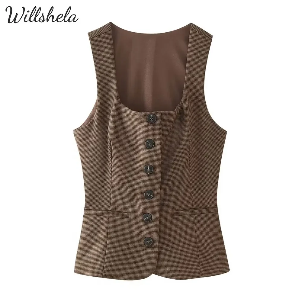 Willshela Women Fashion Vintage Plaid Vest Square Neck Sleeveless Female Chic Lady Mujer Business Waistcoat