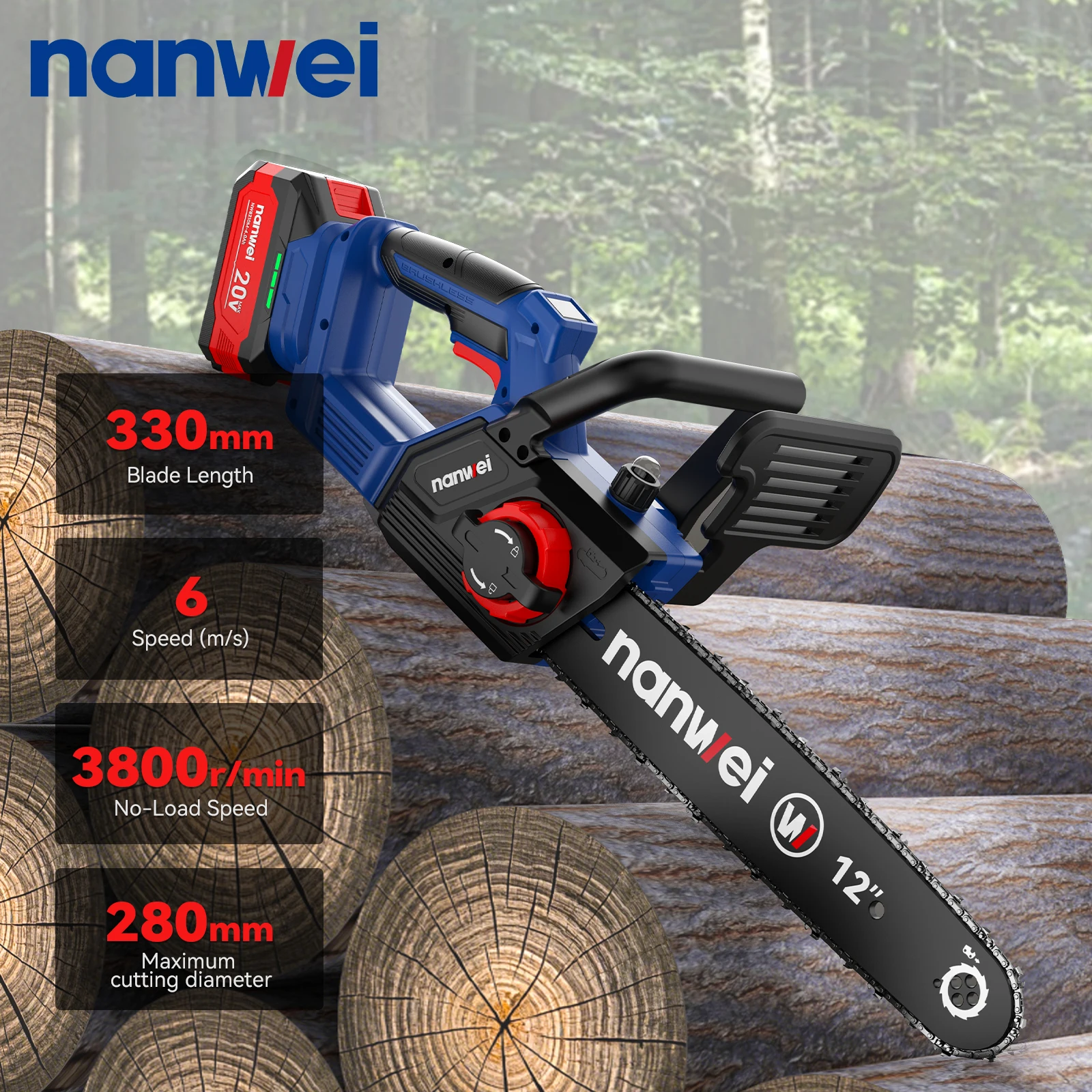 

Nanwei 12 inch Brushless Electric ChainSaw 20V DIY Outdoor Garden Logging Saw Handheld Tree Cutting Cordless Chainsaw Power Tool