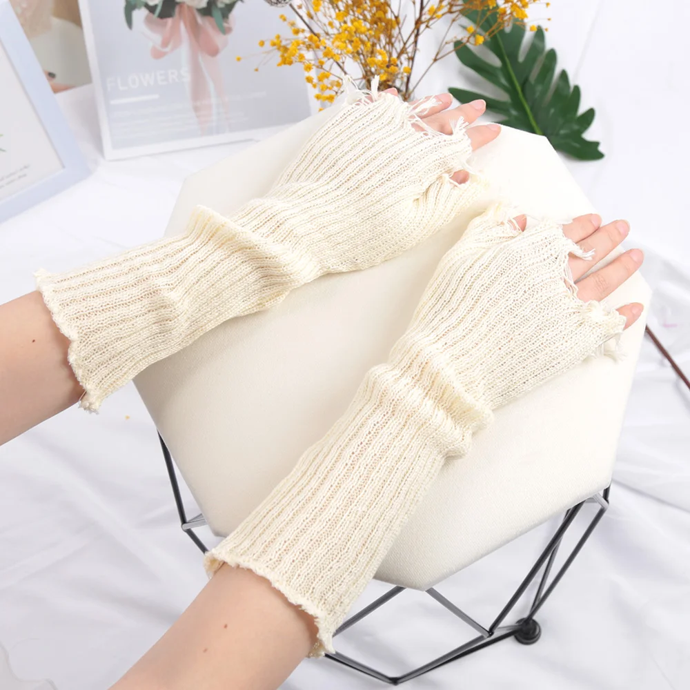 Gothic Anime Soft Gloves Autumn Winter JK Girls Mittens Oversleeve for Women Men Cool Tattered Style Cuff Fingerless Arm Warmers