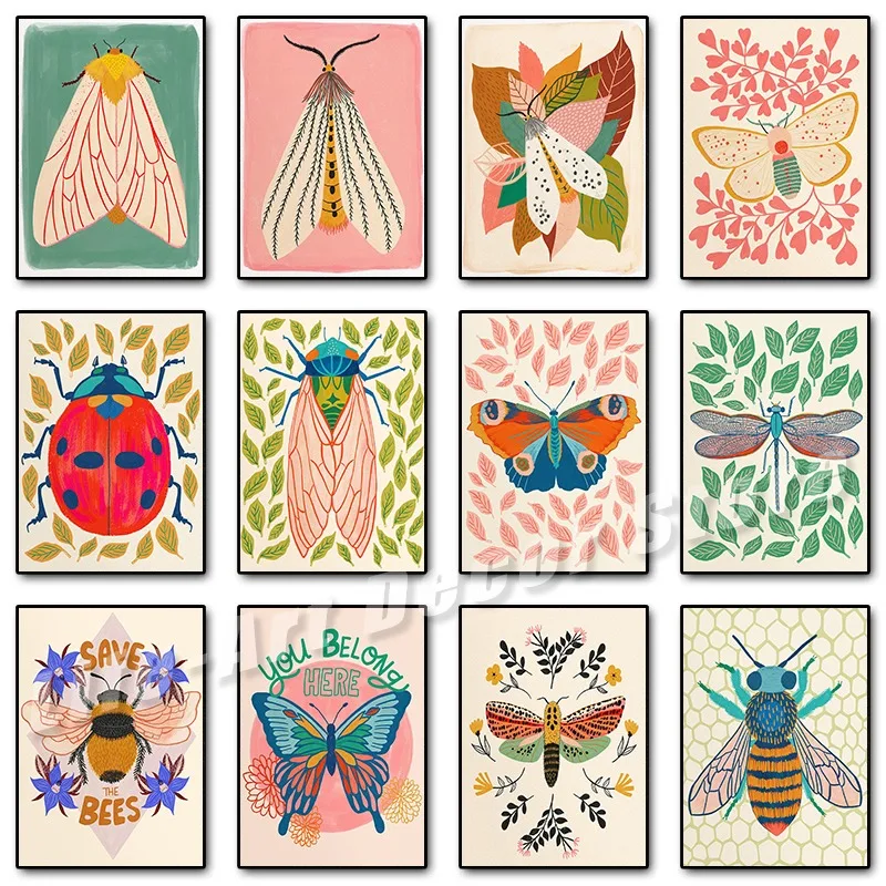 Entomologie Kleurrijke Insectenmot Dame Bug Boho Illustratie Posters Prints Canvas Schilderij Muurkunst Foto Voor Woonkamer Decor