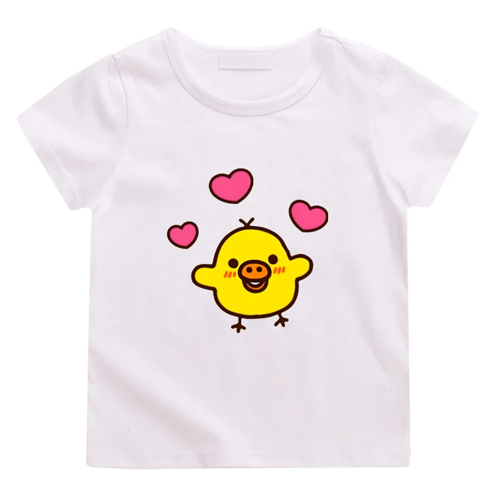 Kids Yellow Short Sleeve T Shirt Cute Little Chick With Pink Hearts Graphic Print Crew Neck Boys Girls Summer Casual Tee