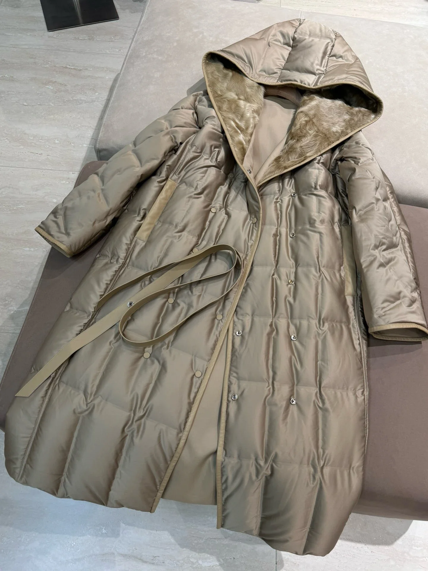 Winter Goose Down Jacket for Women Reversible Double Breasted Waist Lace-up Long Sleeve Loose Female Mid-Length Coat