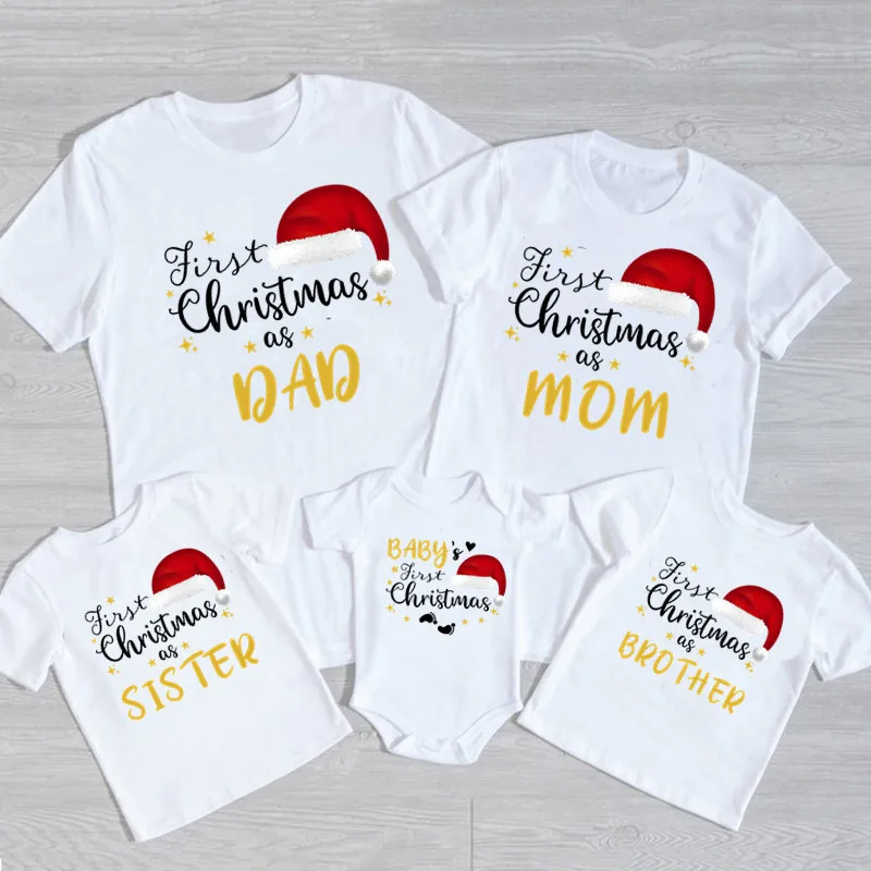 Family Matching Christmas T-shirt First Christmas As Mom Dad Brother Santa Hat Print Family Outfits Baby Romper Xmas Clothing view 6