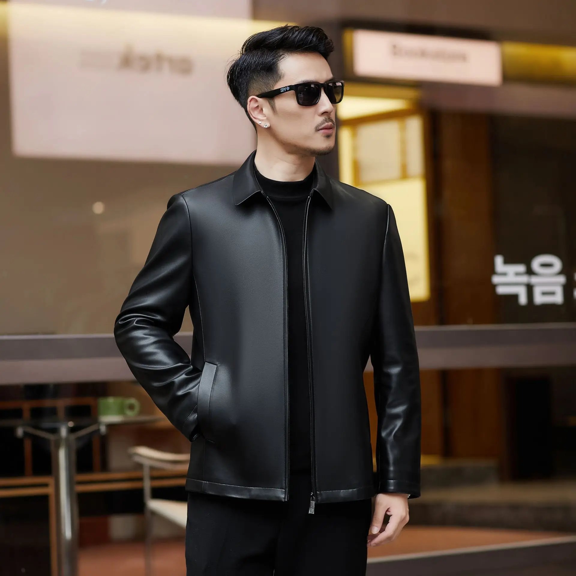 

Haining leather jacket men's genuine leather sheepskin lapel men's casual business leather jacket men's clothing