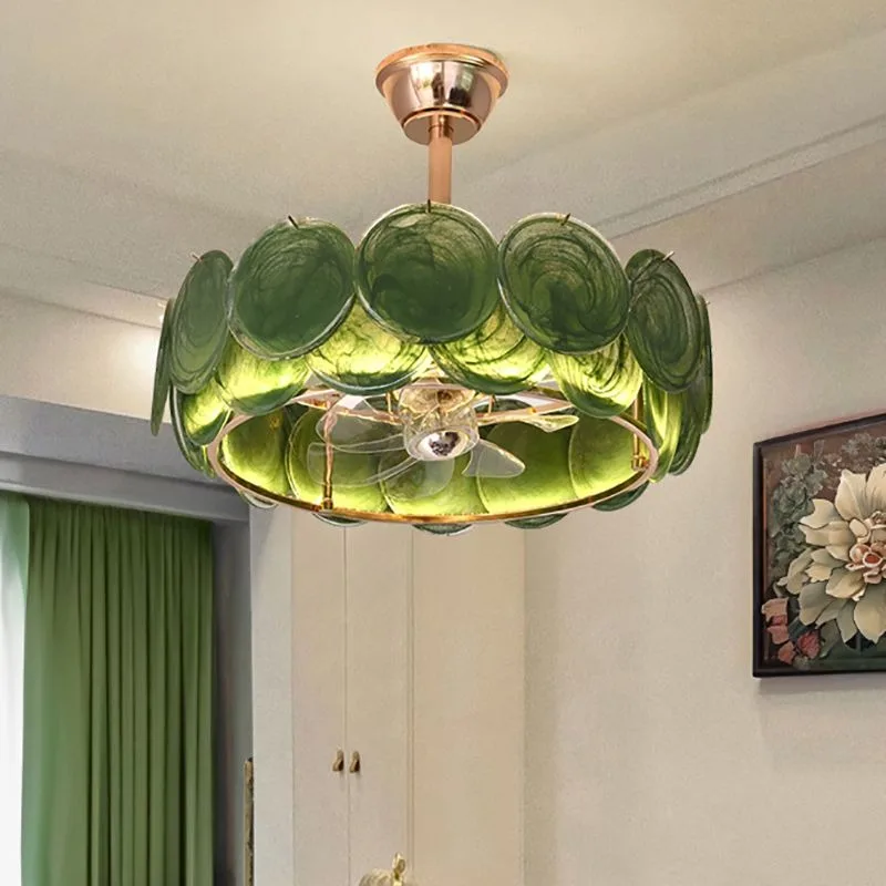 French glass living room chandelier, fan light, dark green glass ceiling fan light in master bedroom, moving head fan light
