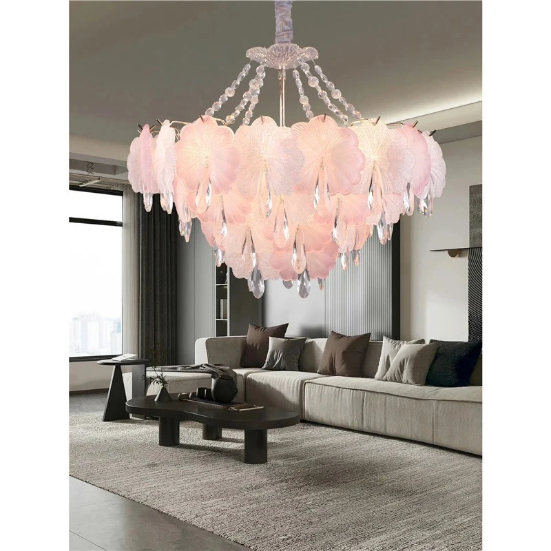 French Flower Crystal Chandelier - Luxury Pink Glass & Cream Petal Pendant Light for Living Room, Bedroom & Dining Room