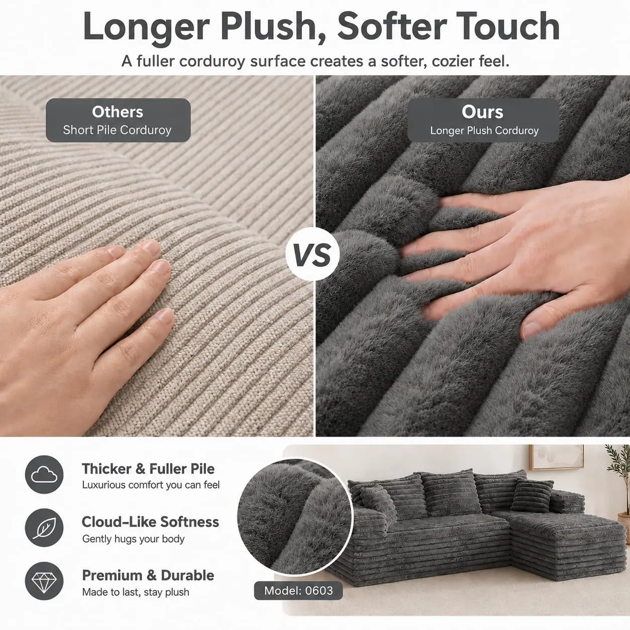 103" L Shaped Sectional Boneless Couch for Living Room, Modern Modular Cloud Sofa with Right Facing Chaise, Comfy, Customized - view 3