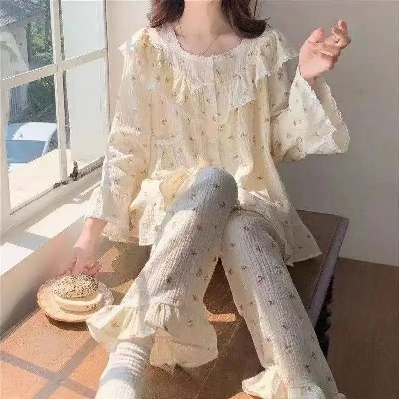 Lace Sleepwear Women Pajama Sets Floral Piiama Spring Sets 2 Pieces Korean Long Sleeve Night Wears Sleep Button Ruffle Home Suit