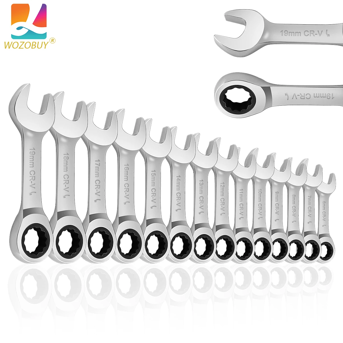 Stubby Combination Wrench Set, Metric, 14-Piece, 6-19mm, 12 Point, CR-V Steel