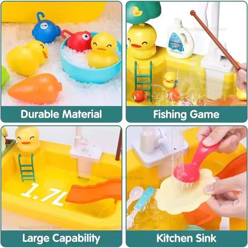 Kids Kitchen Sink Duck Toy Electric Dishwasher Play Set With Running Water Pretend Food Fisher Role Play Gift For Girls And Boys