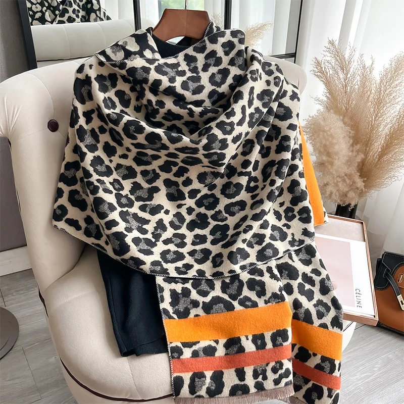 Luxury Leopard Design Scarf Imitation Cashmere Soft Warm Fringe Shawl Autumn Winter Coldproof Windproof Blanket Scarf