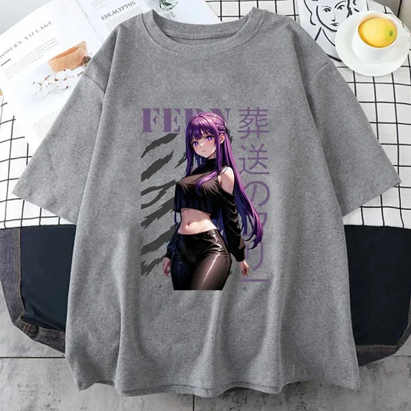 111 www كارتون لطيف Frieren Famale تي شيرت Beyond Journey's End مانغا مطبوعة الصيف تيز لينة 100% قطن حجم كبير المرأة Stre #6