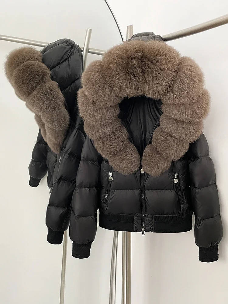 Femmes fourrure naturelle blanc canard vers le bas manteau à capuche épaissi chaud moelleux doudoune nouveau hiver réel fourrure de renard haut vêtements