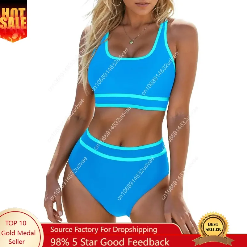 

Womens High Waist Bikini Sets Sporty Color Block Two Piece Swimsuits Scoop Neck Cheeky Bathing Suits