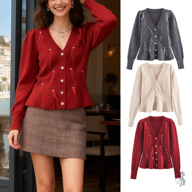 

Niche Design Knitted Cardigan With Pearl Buttons And Tassel Adorned Puff Sleeves French Style Elegant Fall And Winter Outfit