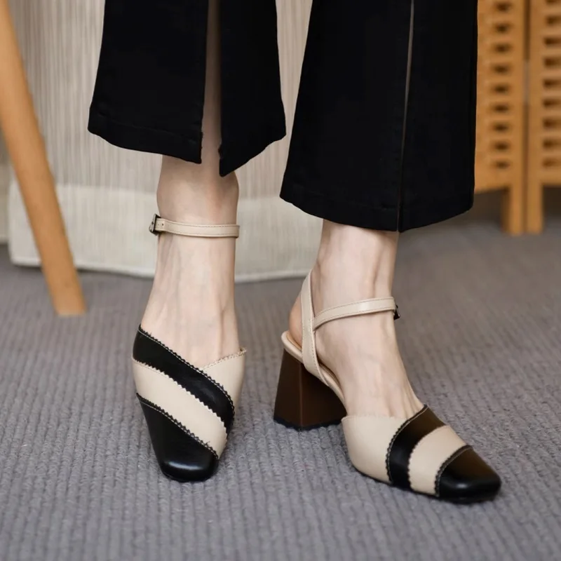 

Thick Heel Women Shoes On Heel Woman Sandals Cowhide Real Leather Elegant Pumps Mixed Color French Style One Strap Ladies Shoes