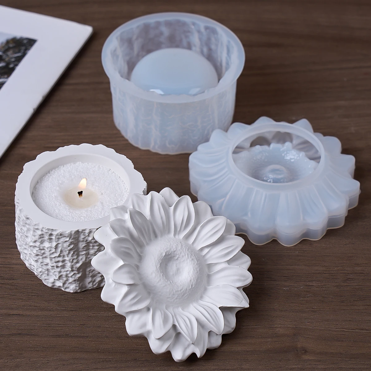 Molde de silicone para jarra de vela cilíndrica com tampa, faça você mesmo, coto de árvore, vaso de flores, copo perfumado, gesso, artesanato, presente, decoração de casa