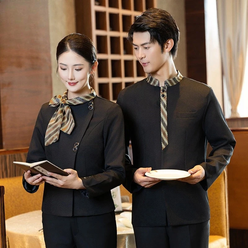 春秋ユニセックスホテルウェイター制服、中国風長袖茶屋作業服、6つボタン付き