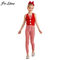 Kids Girls Christmas Ballet Dance Gymnastics Figure Skating Leotard Xmas Candy Cane Bodysuit Sleeveless Stripe Sequin Jumpsuit