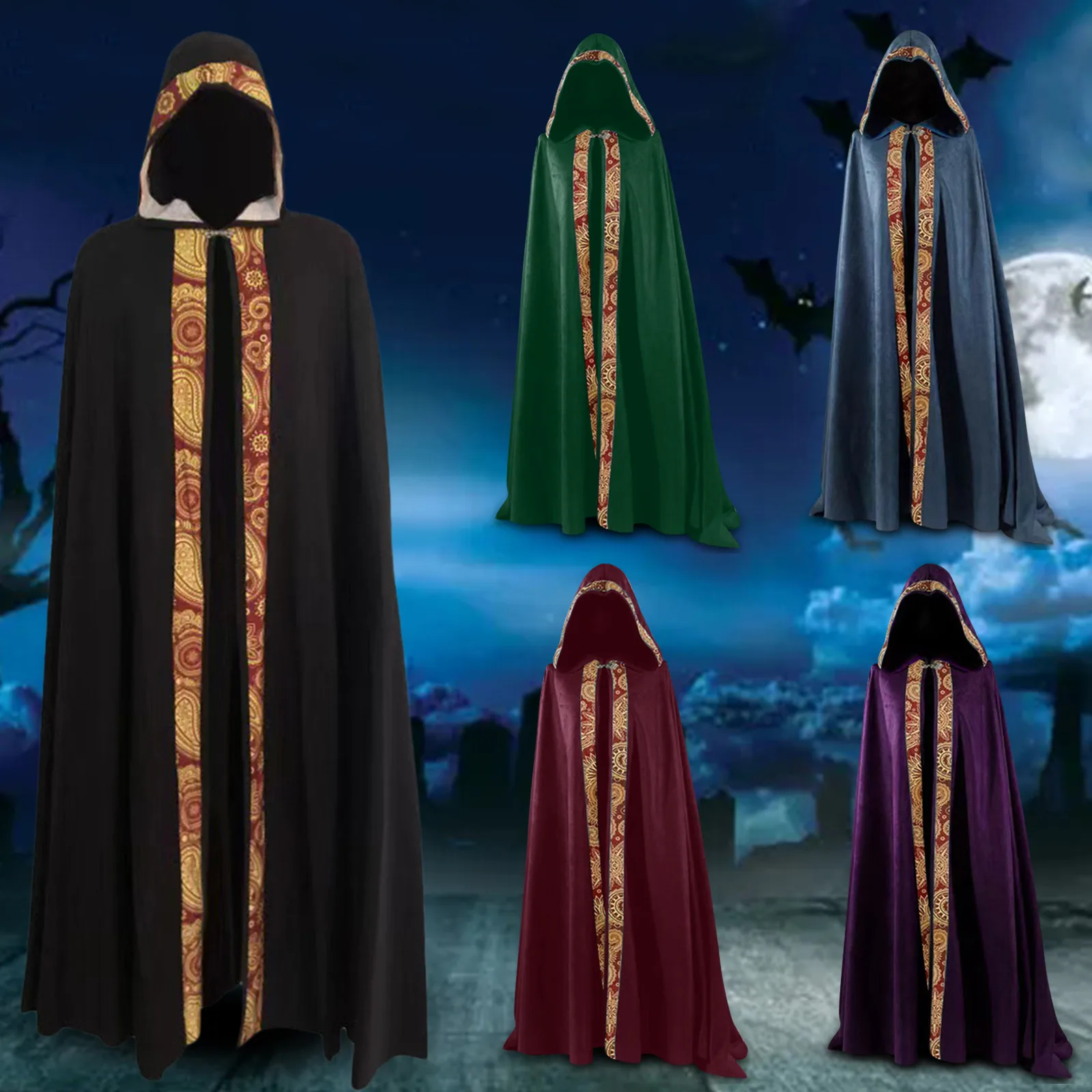 

Medieval Women Men Vintage Gothic Hooded Cloak Coat Halloween Vampire Devil Wizard Cape Viking Robe Gown Party Cosplay Costume