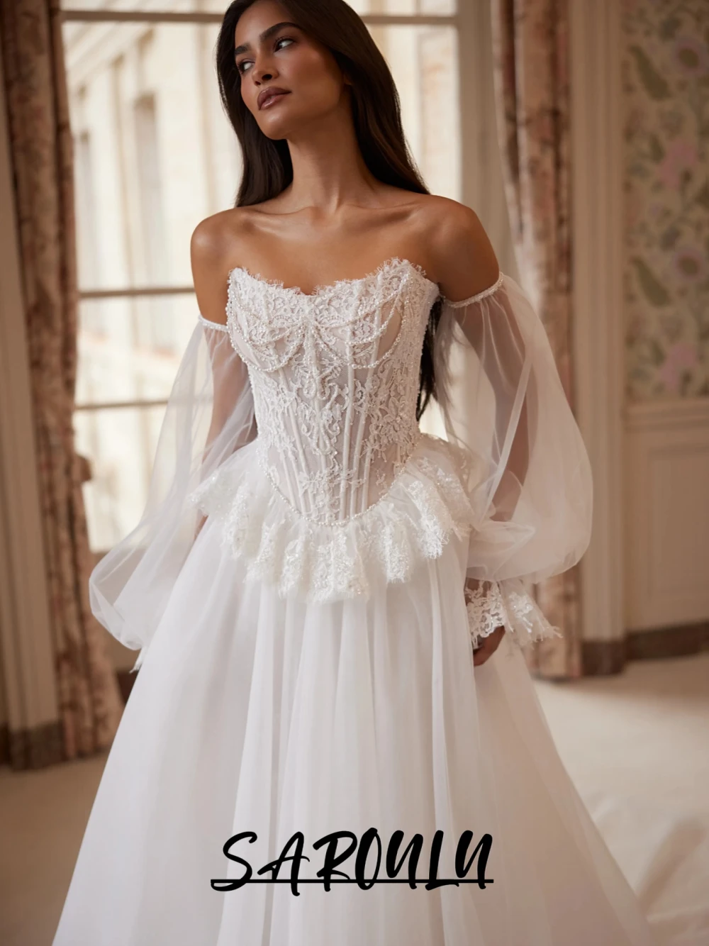 

SAROULU Romantic Off Shoulder Puff Sleeve Ball Gown Wedding Dress Dreamy Appliques Pearl Beaded Corset Bodice Long Train Wear