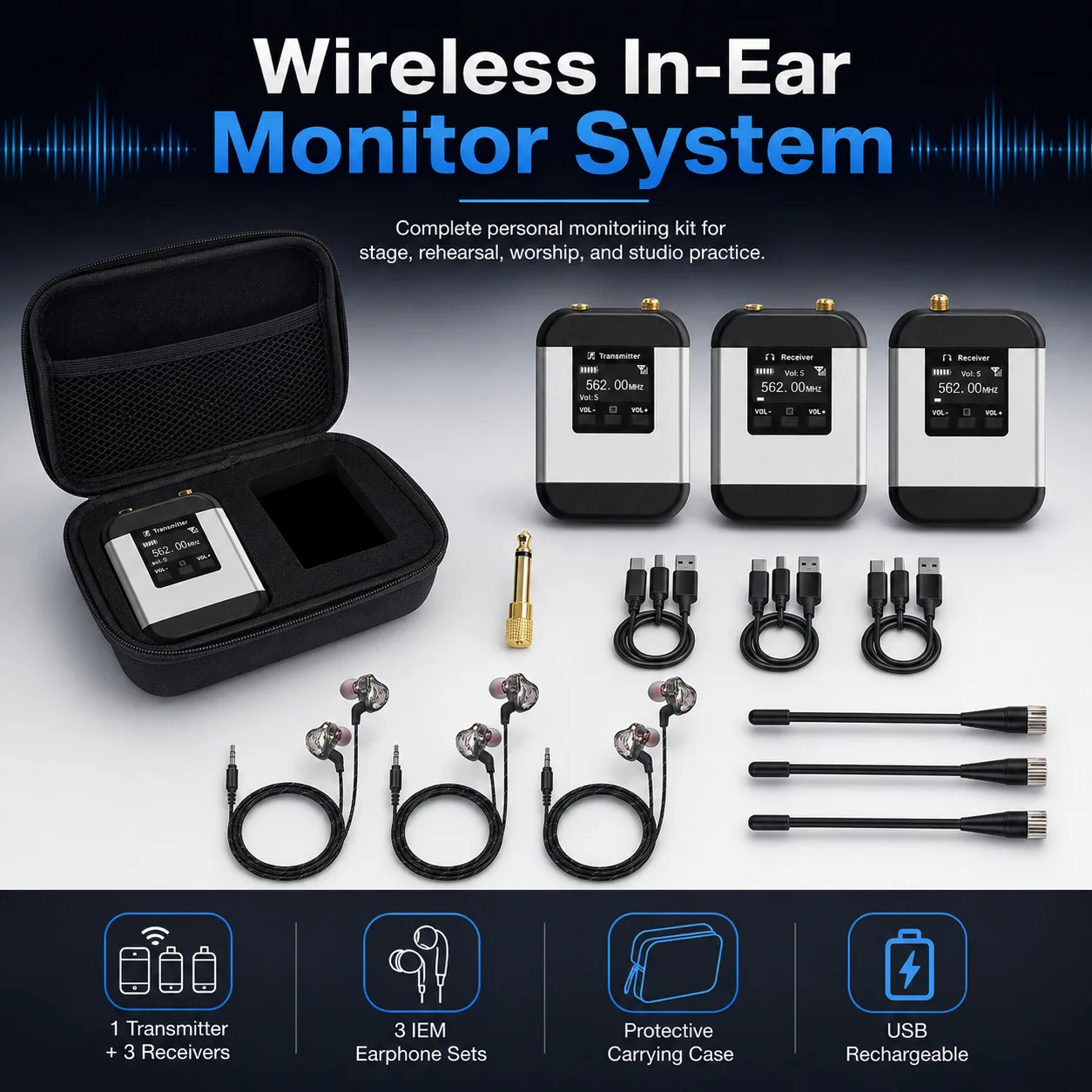 Stereo wireless in-ear monitoring system, stage performance wireless transmission one-to-three earphone monitoring system