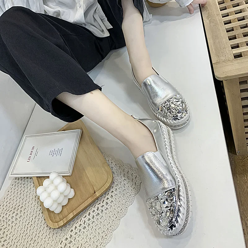 Comemore New strass Leather Flats Shoes donna Silver Bling mocassini Slip On Platform Shoes donna Flat Slipper studenti Casual