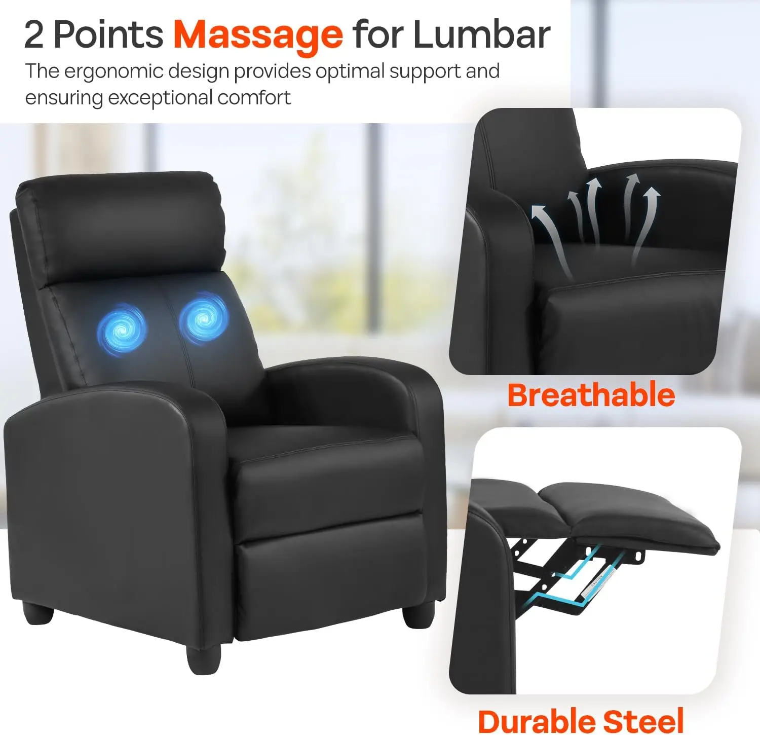 Black Leather Massage Recliner Sofa 6