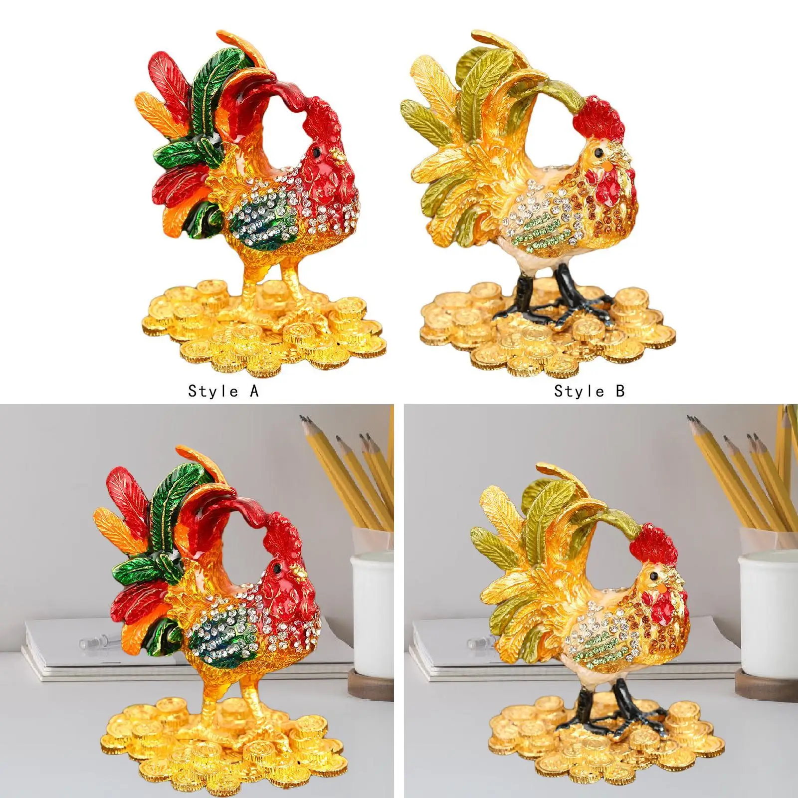 Enameled Chicken Figurine Jewelry Box Jewelry Case Keepsake Storage Treasure Chest Box for Ear Studs Rings Bracelets Brooches