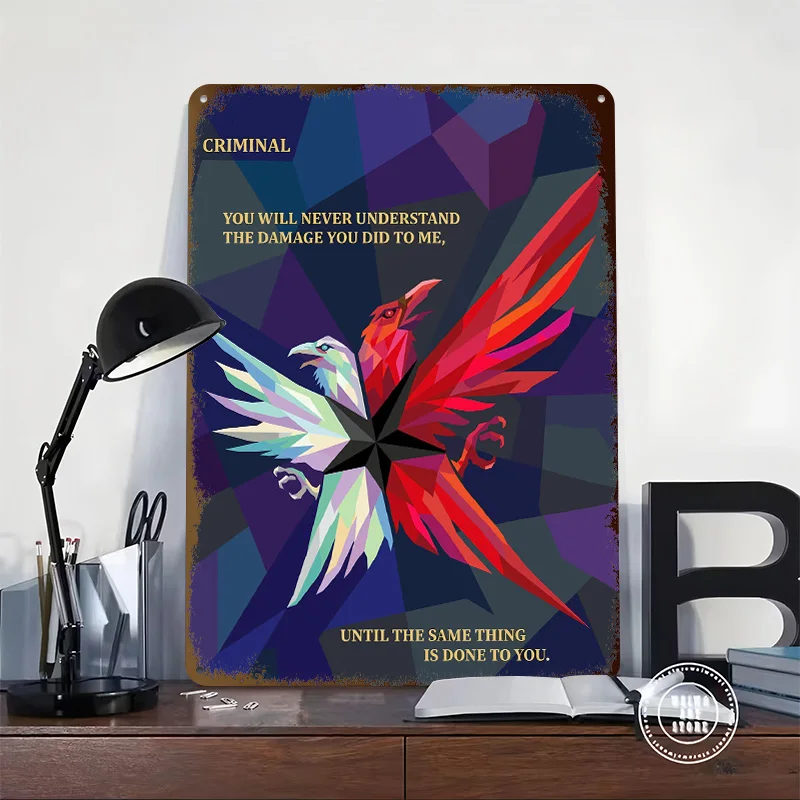 Two-headed Bird With Quote Personalized 3D Textured Metal Poster Wall Art Vintage Tin Signs for Mancave Decoration Room Man Cave