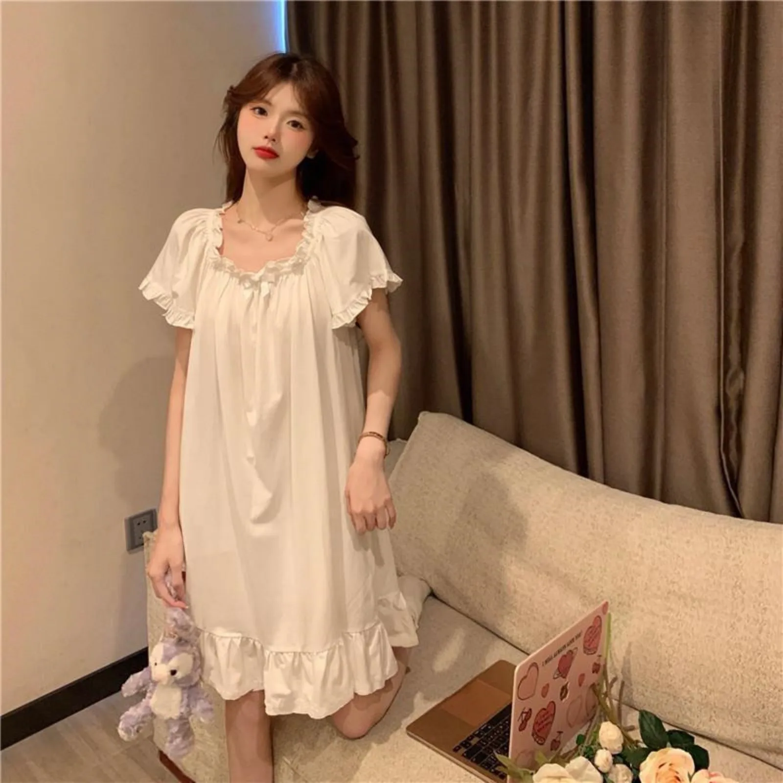 

White Mid Length Nightgowns Summer Pajamas Women's Home Clothes New Dress Korean Sleepwear For Sleeping Sexy Nightwear