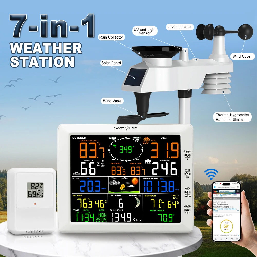 7-in-1 Wi-Fi Weather Station 8 in Color Display & Solar Wireless Outdoor Sensor Alarm Alerts for Temperature Humidity