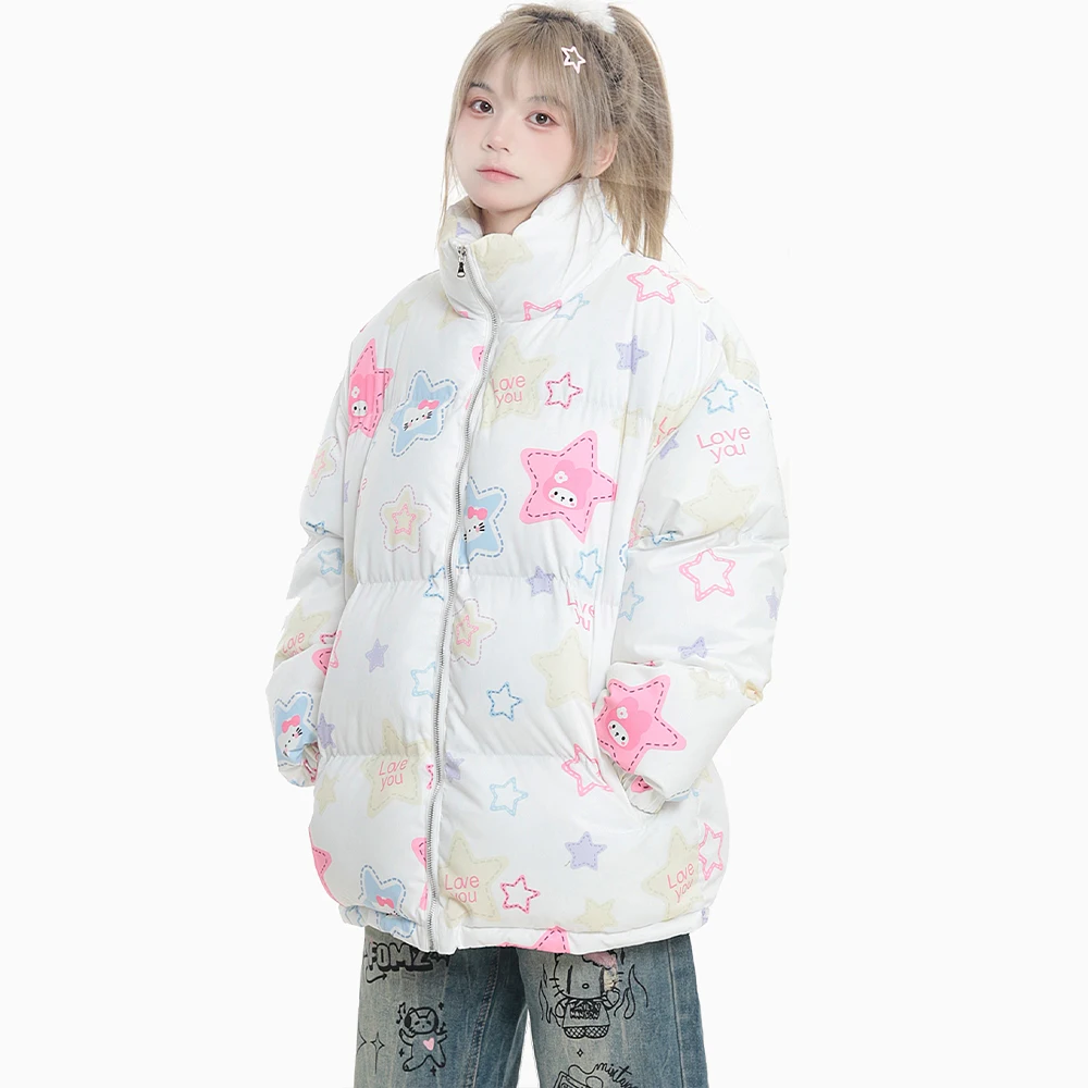 Sanrioed Y2K Hello Kitty Women Down Jacket Anime Kawaii Winter Cotton Jacket Thickened Warm Coat Student Tops Loose Cute Sweet