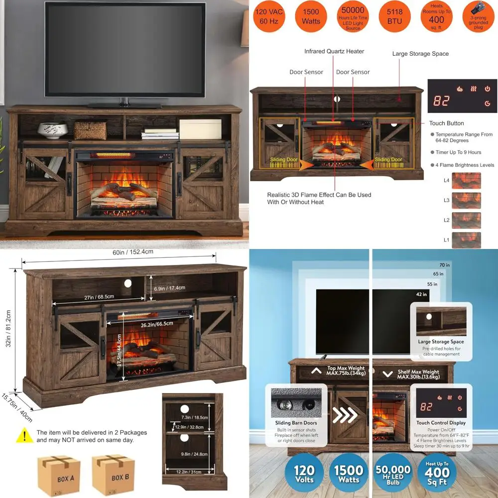 Soporte para TV con chimenea eléctrica de 60 pulgadas, centro de entretenimiento con control remoto, consola de madera para TV con función de chimenea moderna