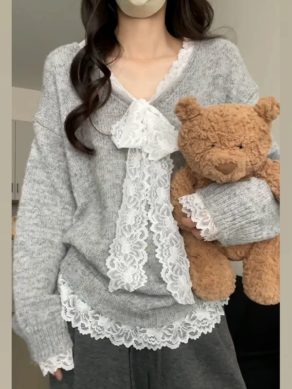 ay V-Ne محبوك سترة المرأة الخريف الشتاء فضفاضة تناسب مريحة Sle الراقية الشعور عادية فضفاض متماسكة