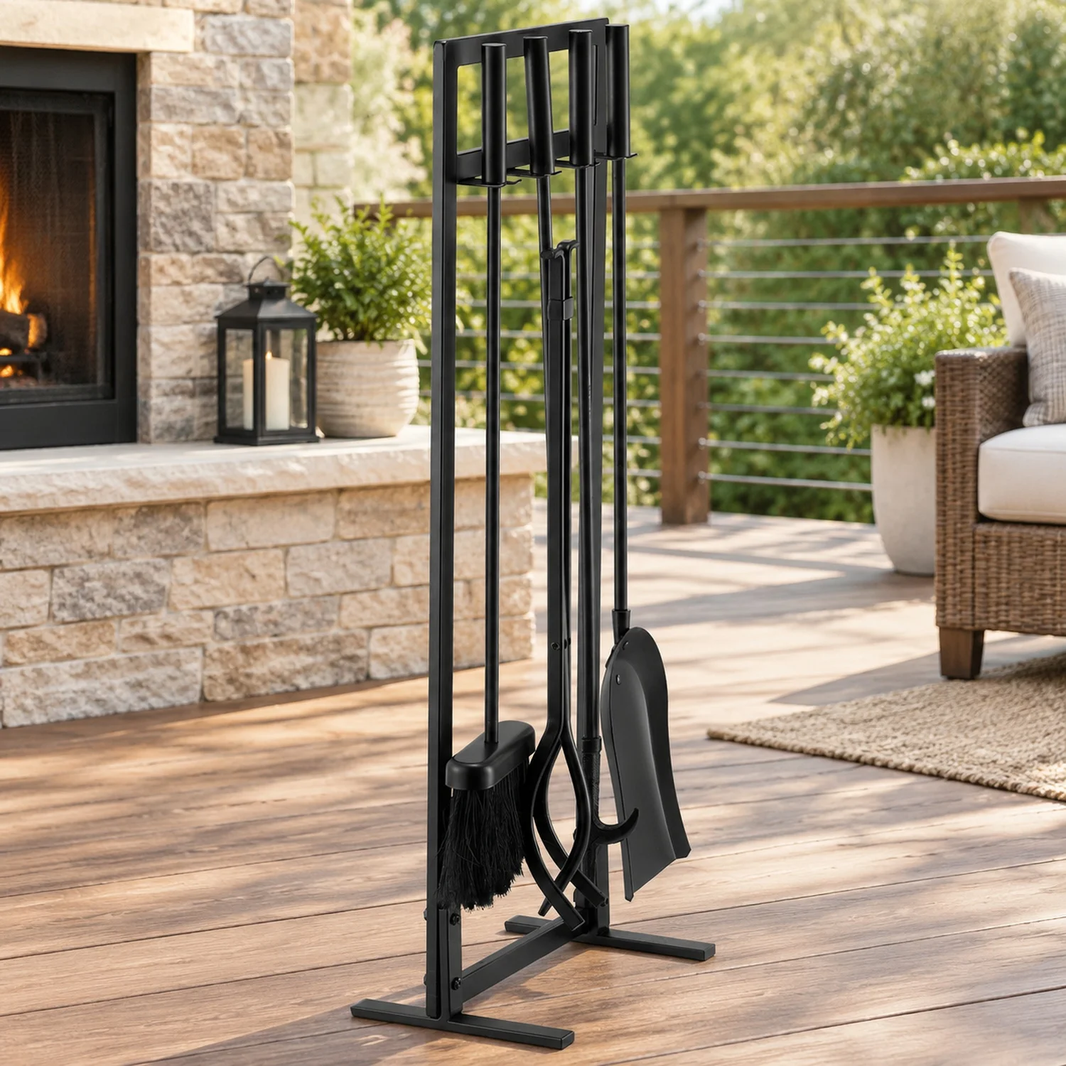 Fireplace Tool Set, 5 PCS Fire and Holder with Square-Frame Stand, Tongs, Ash Shovel, Brush, Place Poker, Wrought Iron Steel