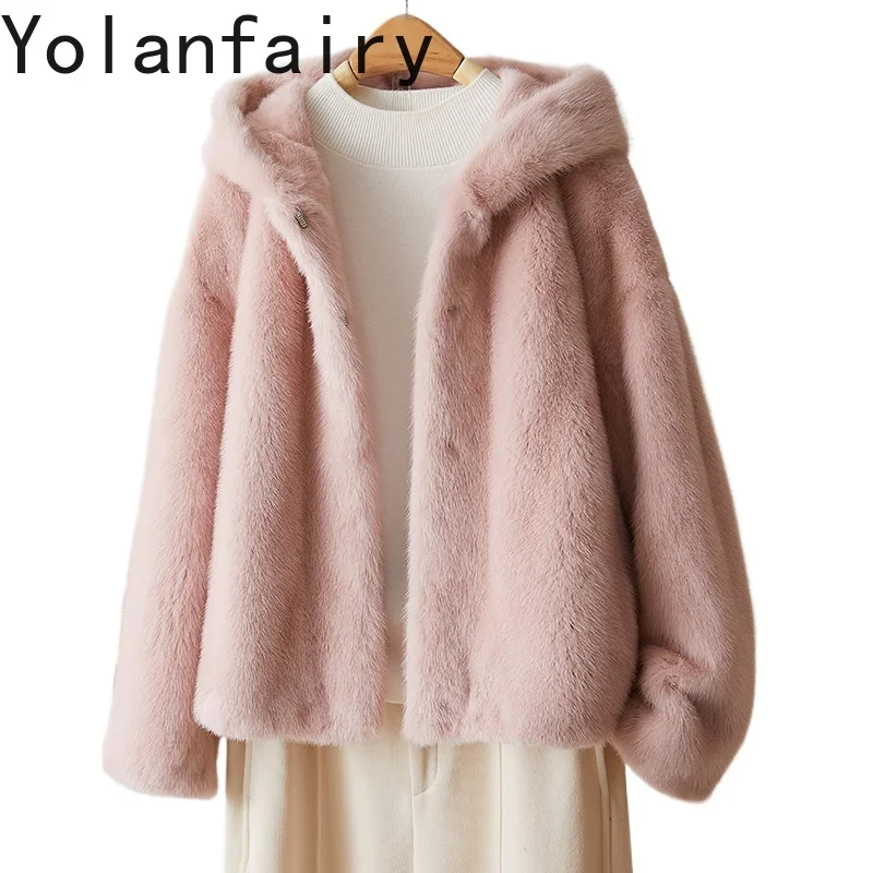 

YOLANFAIRY Элитная шуба из натурального меха норки для женщин, роскошная зимняя короткая куртка с капюшоном из натурального меха норки, элегантная розовая меховая шуба