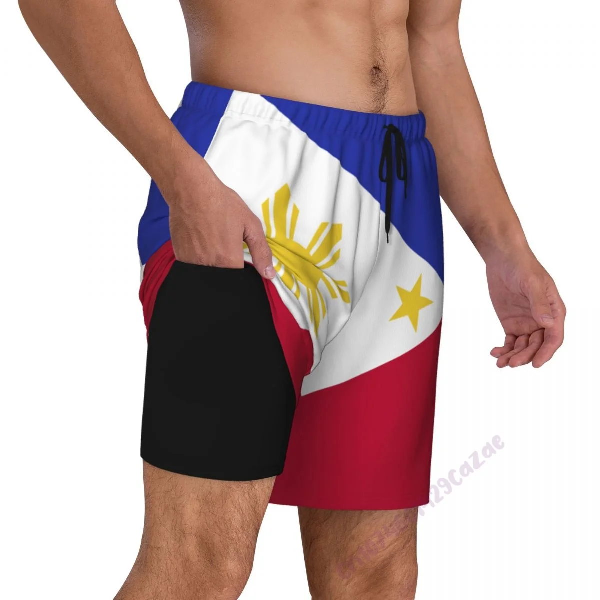 

Philippines Flag 3D Mens Swimming Trunks With Compression Liner 2 in 1 Quick-Dry Summer Swim Shorts With Pockets