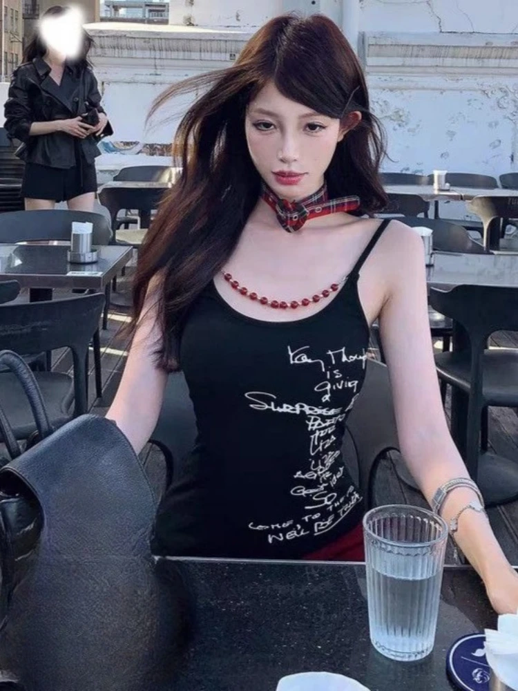 Y2k Aesthetic Letter Printing Top 2025 Women Streetwear Beads Slim Fit ​sexy s Harajuku Summer Grunge Vintage Camisole