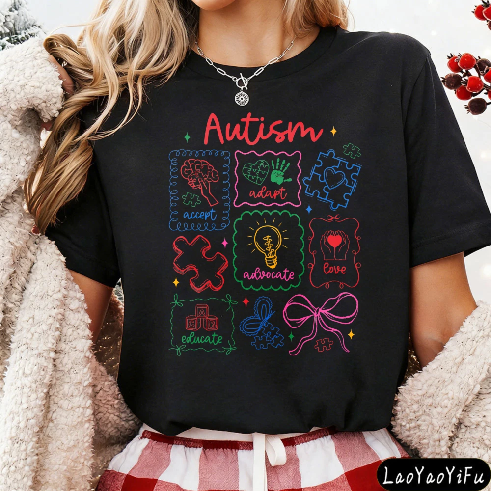 Autism Awareness Puzzle Pieces and Symbols Women T-Shirt Cotton Casual Summer Top for Autistic Support Gift Short Sleeve Tees