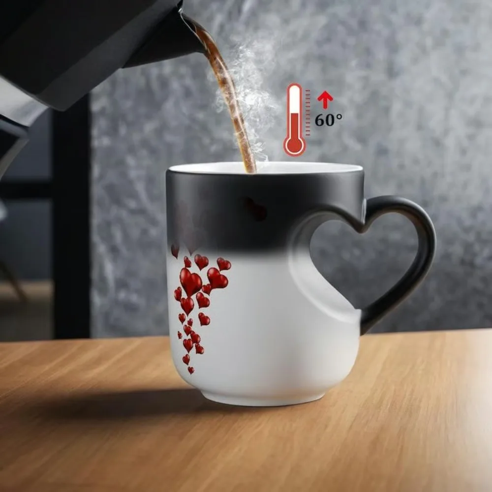 Creative Ceramic Color Changing Mug Heart-Shaped 11oz Coffee Mug Thermochromic Reveal Coffee Cup for Home&Office
