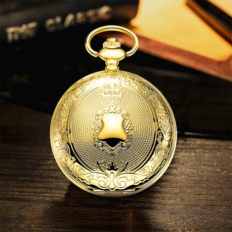 Pattern: Gold engraved shield pattern, quartz pocket watch with thickened chain, all golden color, very noble, but also suitable