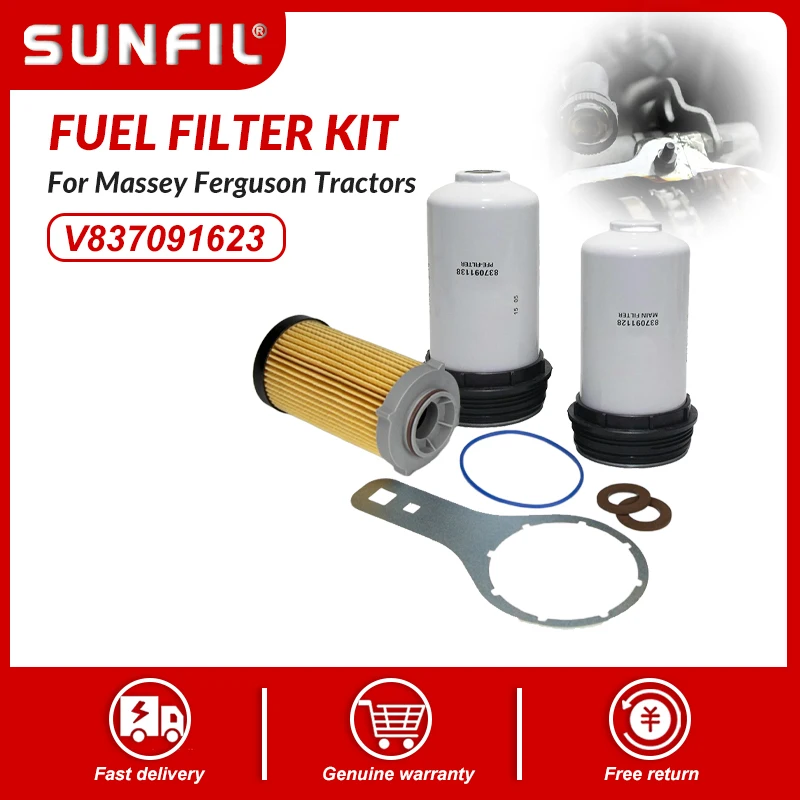 تتضمن مجموعة فلتر الوقود V837091623 لجرارات ماسي فيرغسون فلتر مسبق، فلتر رئيسي، عنصر الفلتر ومفتاح ربط الفلتر