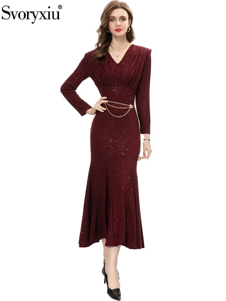 

Svoryxiu Fashion Designer Autumn Burgundy Vintage Fishtail Dress Women's V-Neck Sequins High Waist Slim Buttock Covering Dress