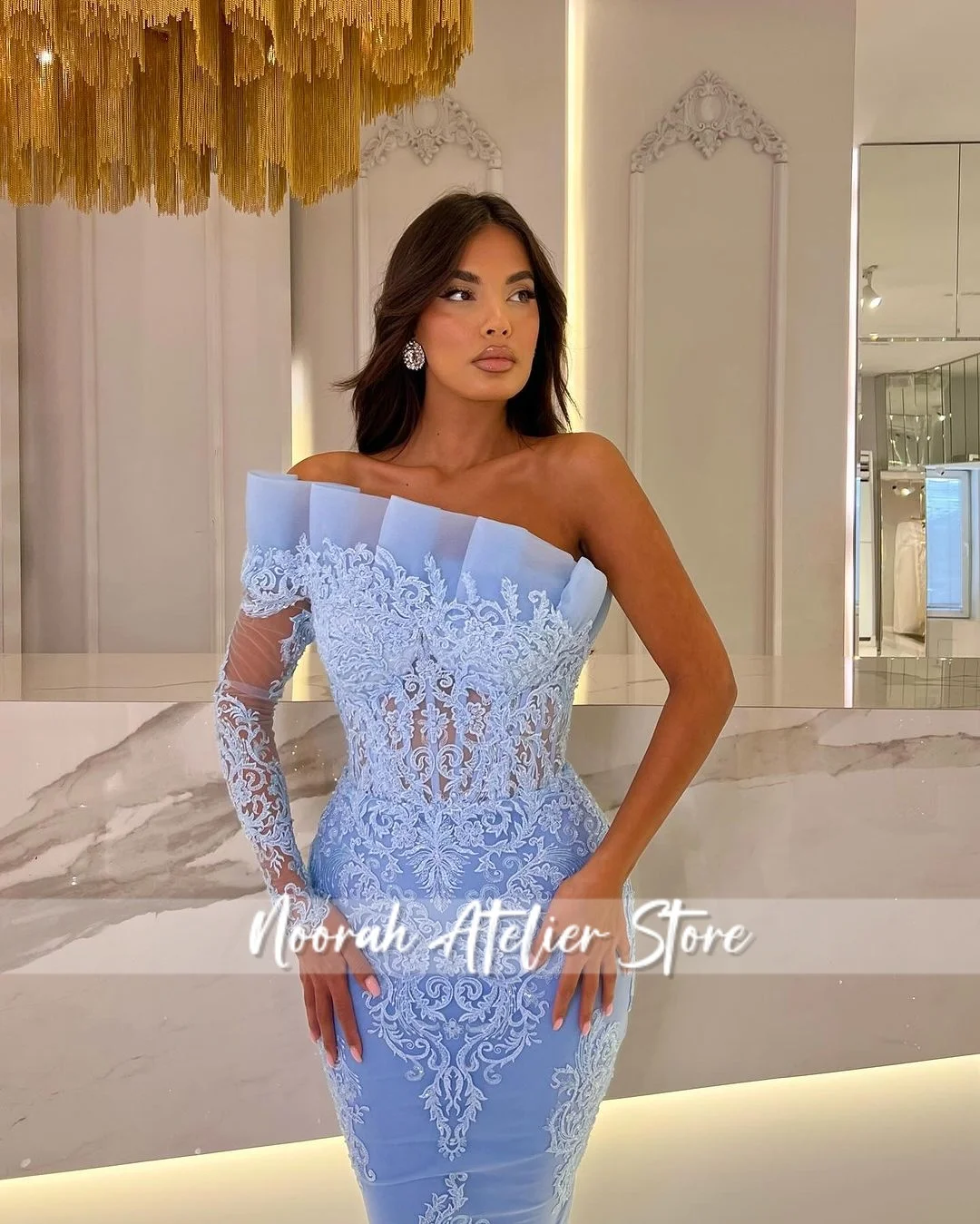 فساتين سهرة مثيرة باللون الأزرق بكتف واحد من الدانتيل في دبي فساتين زفاف حورية البحر فستان رسمي أنيق 2025 مخصص